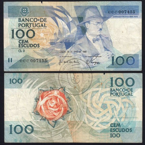 100 Escudos Fernando Pessoa 26.05.1988, One Hundred Escudos 26 May 1988 Plate 9 - Bank of Portugal, (C), Pick 179e