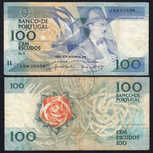 100 Escudos Fernando Pessoa 16.10.1986, One Hundred Escudos 16 october 1986 Plate 9 - Bank of Portugal, (C), Pick 179a
