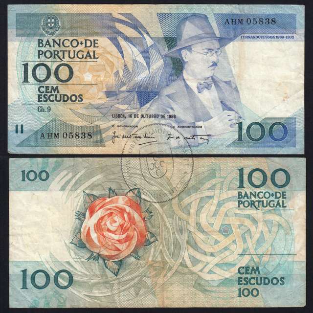 100 Escudos Fernando Pessoa 16.10.1986, One Hundred Escudos 16 october 1986 Plate 9 - Bank of Portugal, (C), Pick 179a