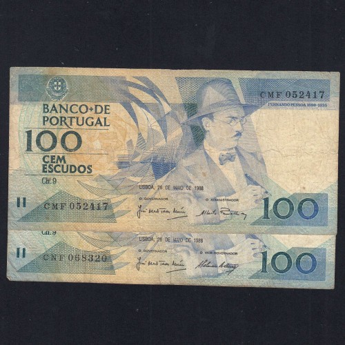 Lot 2 signatures 100 Escudos Fernando Pessoa 05/26/1988, 100$00 One Hundred Escudos Plate:9 Banco de Portugal, (MC), Pick 179e