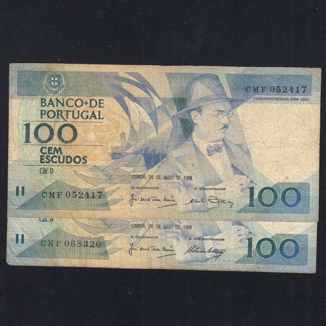 Lote 2 assinaturas 100 Escudos Fernando Pessoa 26/05/1988, 100$00 Cem Escudos Chapa:9 Banco de Portugal, (MC), Pick 179e