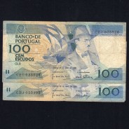 Lote 2 assinaturas 100 Escudos Fernando Pessoa 26/05/1988, 100$00 Cem Escudos Chapa:9 Banco de Portugal, (MC), Pick 179e