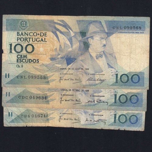 Lote 3 assinaturas 100 Escudos Fernando Pessoa 26/05/1988, 100$00 Cem Escudos Chapa:9 Banco de Portugal, (MC), Pick 179e