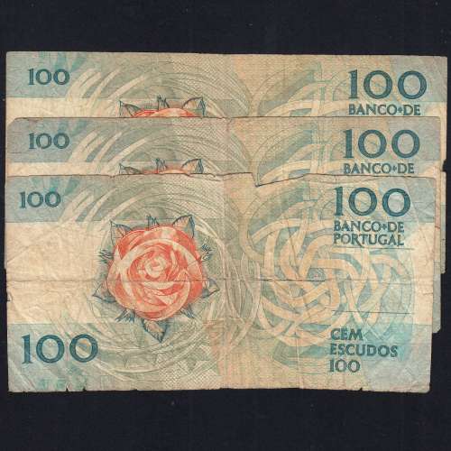 Lot 3 signatures 100 Escudos Fernando Pessoa 05/26/1988, 100$00 One Hundred Escudos Plate:9 Banco de Portugal, (MC), Pick 179e