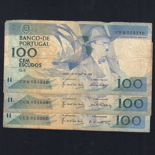 Lote 3 assinaturas 100 Escudos Fernando Pessoa 26/05/1988, 100$00 Cem Escudos Chapa:9 Banco de Portugal, (MC), Pick 179e