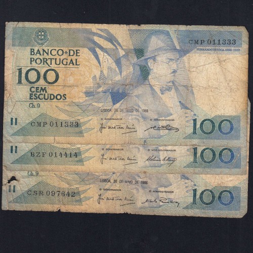 Lote 3 assinaturas 100 Escudos Fernando Pessoa 26/05/1988, 100$00 Cem Escudos Chapa:9 Banco de Portugal, (MC), Pick 179e