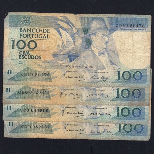 Lot 4 signatures 100 Escudos Fernando Pessoa 05/26/1988, 100$00 One Hundred Escudos Plate:9 Banco de Portugal, (MC), Pick 179e