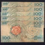 Lot 5 signatures 100 Escudos Fernando Pessoa 05/26/1988, 100$00 One Hundred Escudos Plate:9 Banco de Portugal, (MC), Pick 179e