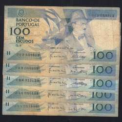 Lot 5 signatures 100 Escudos Fernando Pessoa 05/26/1988, 100$00 One Hundred Escudos Plate:9 Banco de Portugal, (MC), Pick 179e