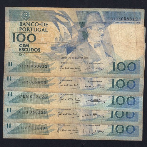 Lot 5 signatures 100 Escudos Fernando Pessoa 05/26/1988, 100$00 One Hundred Escudos Plate:9 Banco de Portugal, (MC), Pick 179e