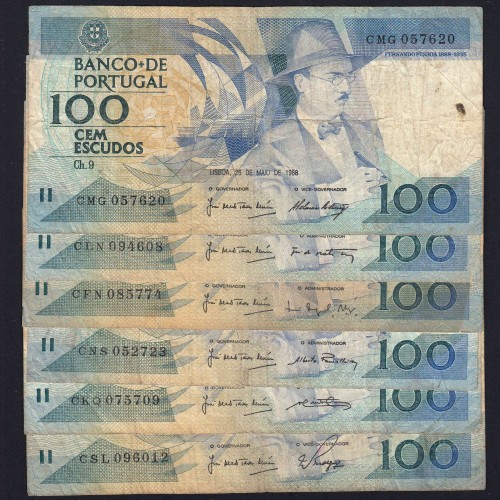 Lot 6 signatures 100 Escudos Fernando Pessoa 05/26/1988, 100$00 One Hundred Escudos Plate:9 Banco de Portugal, (MC), Pick 179e