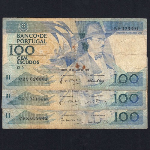 Lot 3 signatures 100 Escudos Fernando Pessoa 05/26/1988, 100$00 One Hundred Escudos Plate:9 Banco de Portugal, (MC), Pick 179e