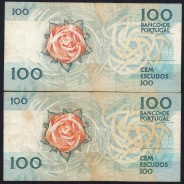 Lot 2 signatures 100 Escudos Fernando Pessoa 11/24/1988, 100$00 One Hundred Escudos Plate:9 Banco de Portugal, (C), Pick 179f