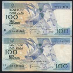 Lote 2 assinaturas 100 Escudos Fernando Pessoa 24/11/1988, 100$00 Cem Escudos Chapa:9 Banco de Portugal, (MC), Pick 179f