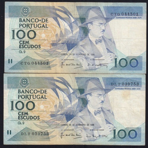 Lote 2 assinaturas 100 Escudos Fernando Pessoa 24/11/1988, 100$00 Cem Escudos Chapa:9 Banco de Portugal, (MC), Pick 179f