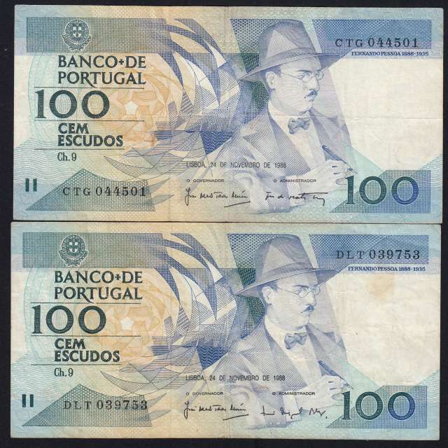 Lot 2 signatures 100 Escudos Fernando Pessoa 11/24/1988, 100$00 One Hundred Escudos Plate:9 Banco de Portugal, (C), Pick 179f