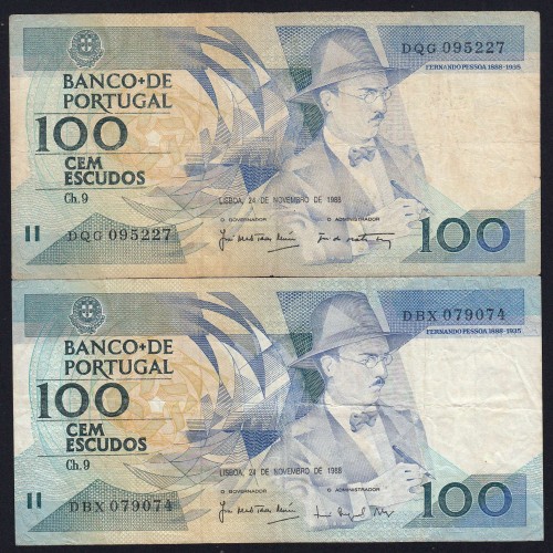 Lote 2 assinaturas 100 Escudos Fernando Pessoa 24/11/1988, 100$00 Cem Escudos Chapa:9 Banco de Portugal, (C), Pick 179f