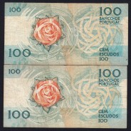 Lot 2 signatures 100 Escudos Fernando Pessoa 11/24/1988, 100$00 One Hundred Escudos Plate:9 Banco de Portugal, (C), Pick 179f