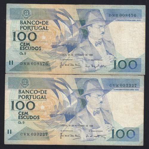 Lote 2 assinaturas 100 Escudos Fernando Pessoa 24/11/1988, 100$00 Cem Escudos Chapa:9 Banco de Portugal, (C), Pick 179f