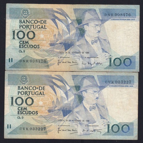 Lote 2 assinaturas 100 Escudos Fernando Pessoa 24/11/1988, 100$00 Cem Escudos Chapa:9 Banco de Portugal, (C), Pick 179f