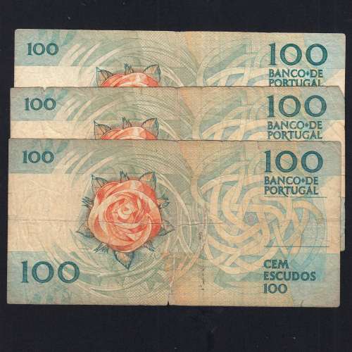 Lot 3 signatures 100 Escudos Fernando Pessoa 11/24/1988, 100$00 One Hundred Escudos Plate:9 Banco de Portugal, (MC), Pick 179f