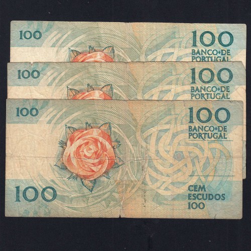 Lot 3 signatures 100 Escudos Fernando Pessoa 11/24/1988, 100$00 One Hundred Escudos Plate:9 Banco de Portugal, (MC), Pick 179f