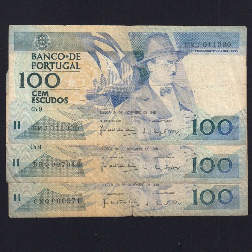 Lote 3 assinaturas 100 Escudos Fernando Pessoa 24/11/1988, 100$00 Cem Escudos Chapa:9 Banco de Portugal, (MC), Pick 179f