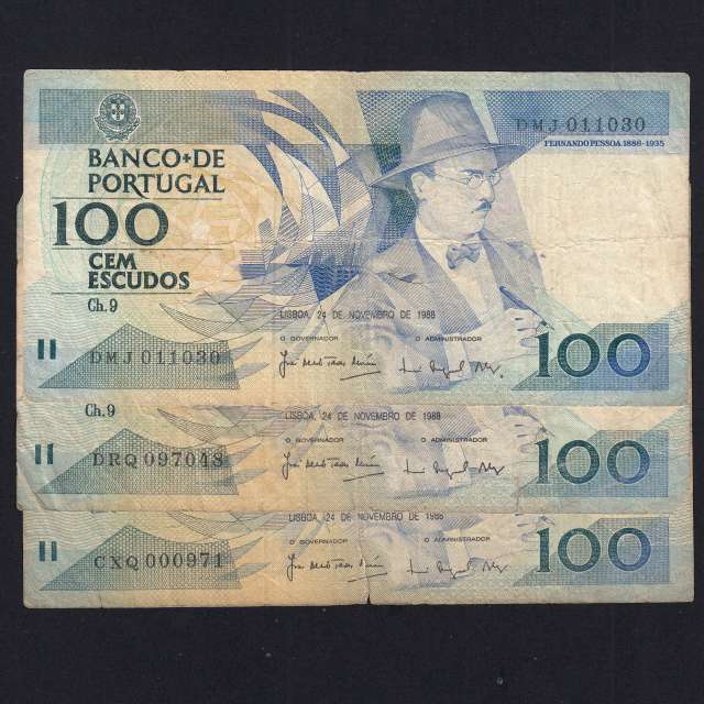 Lot 3 signatures 100 Escudos Fernando Pessoa 11/24/1988, 100$00 One Hundred Escudos Plate:9 Banco de Portugal, (MC), Pick 179f