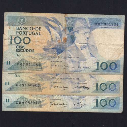 Lote 3 assinaturas 100 Escudos Fernando Pessoa 24/11/1988, 100$00 Cem Escudos Chapa:9 Banco de Portugal, (MC), Pick 179f