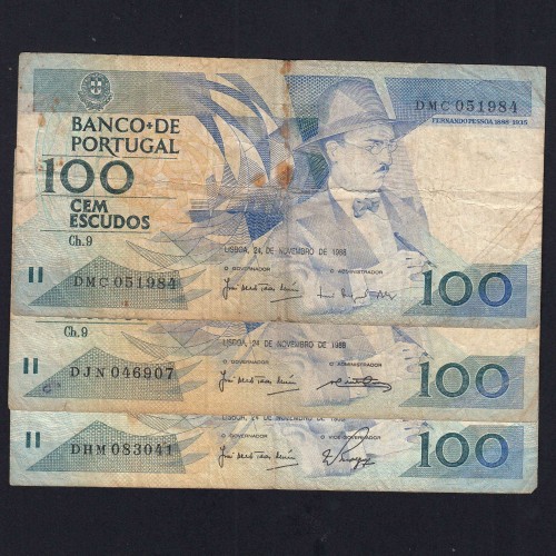 Lote 3 assinaturas 100 Escudos Fernando Pessoa 24/11/1988, 100$00 Cem Escudos Chapa:9 Banco de Portugal, (MC), Pick 179f