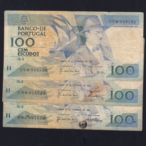 Lote 3 assinaturas 100 Escudos Fernando Pessoa 24/11/1988, 100$00 Cem Escudos Chapa:9 Banco de Portugal, (MC), Pick 179f