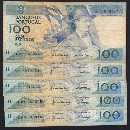 Lote 5 assinaturas 100 Escudos Fernando Pessoa 24/11/1988, 100$00 Cem Escudos Chapa:9 Banco de Portugal, (MC), Pick 179f