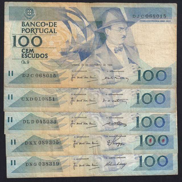 Lote 5 assinaturas 100 Escudos Fernando Pessoa 24/11/1988, 100$00 Cem Escudos Chapa:9 Banco de Portugal, (MC), Pick 179f