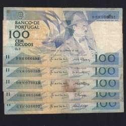 Lote 5 assinaturas 100 Escudos Fernando Pessoa 24/11/1988, 100$00 Cem Escudos Chapa:9 Banco de Portugal, (MC), Pick 179f