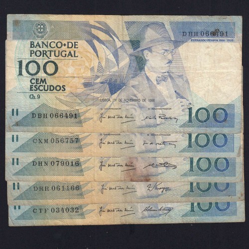 Lot 5 signatures 100 Escudos Fernando Pessoa 11/24/1988, 100$00 One Hundred Escudos Plate:9 Banco de Portugal, (MC), Pick 179f