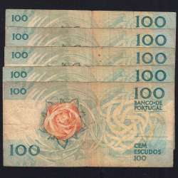 Lot 5 signatures 100 Escudos Fernando Pessoa 11/24/1988, 100$00 One Hundred Escudos Plate:9 Banco de Portugal, (MC), Pick 179f