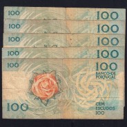 Lot 5 signatures 100 Escudos Fernando Pessoa 11/24/1988, 100$00 One Hundred Escudos Plate:9 Banco de Portugal, (MC), Pick 179f