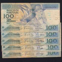 Lot 5 signatures 100 Escudos Fernando Pessoa 11/24/1988, 100$00 One Hundred Escudos Plate:9 Banco de Portugal, (MC), Pick 179f