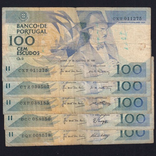 Lot 5 signatures 100 Escudos Fernando Pessoa 11/24/1988, 100$00 One Hundred Escudos Plate:9 Banco de Portugal, (MC), Pick 179f