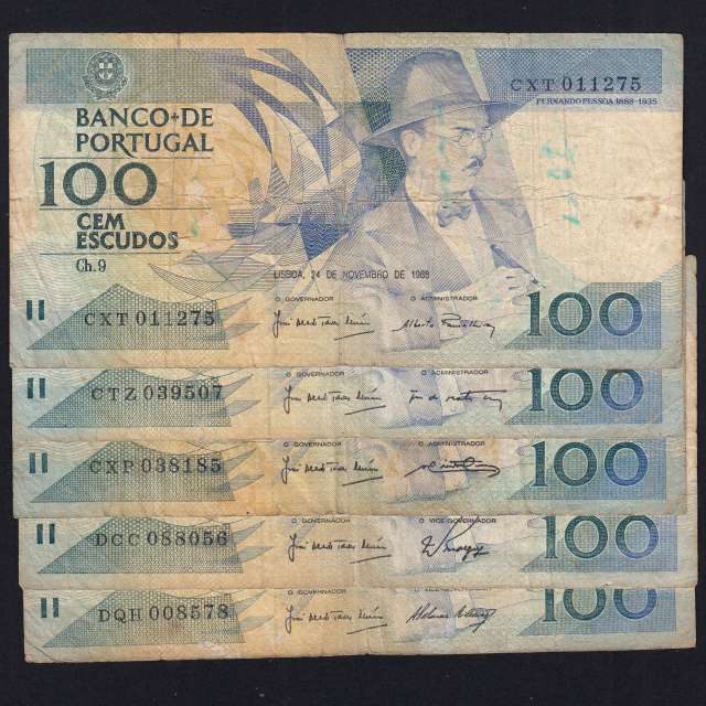 Lot 5 signatures 100 Escudos Fernando Pessoa 11/24/1988, 100$00 One Hundred Escudos Plate:9 Banco de Portugal, (MC), Pick 179f