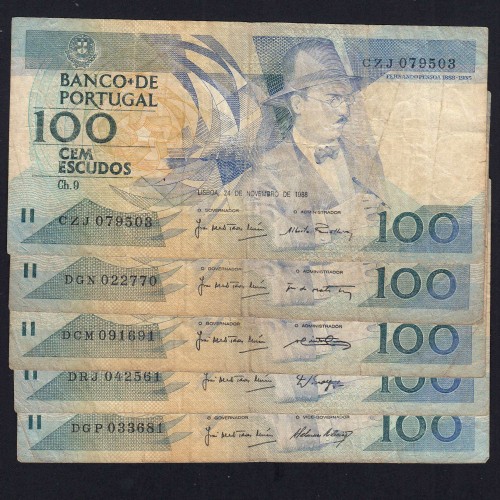 Lote 5 assinaturas 100 Escudos Fernando Pessoa 24/11/1988, 100$00 Cem Escudos Chapa:9 Banco de Portugal, (MC), Pick 179f