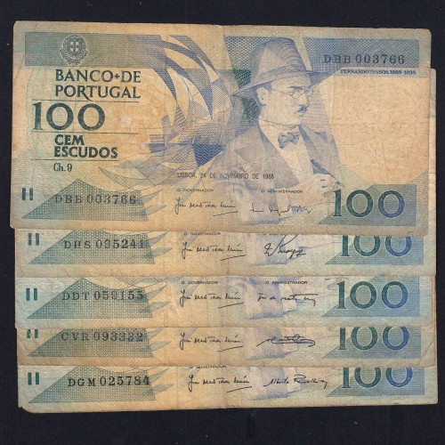Lote 5 assinaturas 100 Escudos Fernando Pessoa 24/11/1988, 100$00 Cem Escudos Chapa:9 Banco de Portugal, (MC), Pick 179f