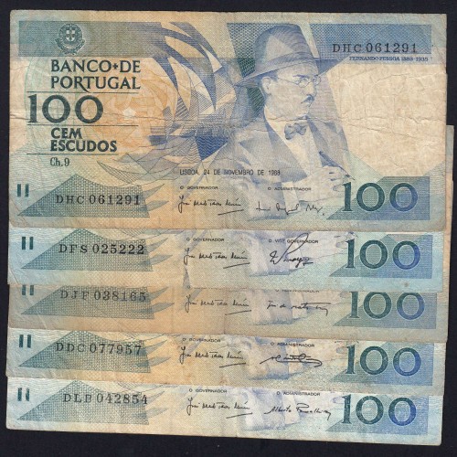 Lote 5 assinaturas 100 Escudos Fernando Pessoa 24/11/1988, 100$00 Cem Escudos Chapa:9 Banco de Portugal, (MC), Pick 179f