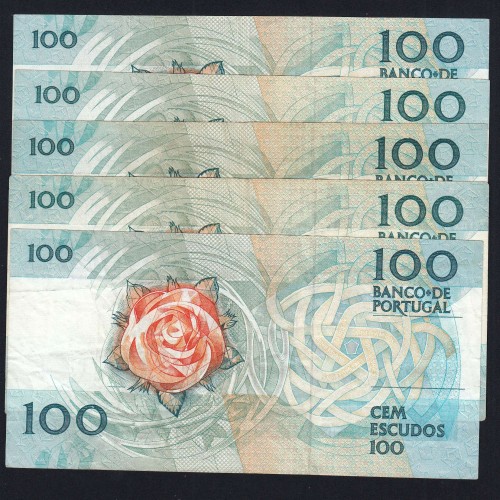 Lot 5 signatures 100 Escudos Fernando Pessoa 11/24/1988, 100$00 One Hundred Escudos Plate:9 Banco de Portugal, (C), Pick 179f