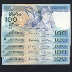 Lot 5 signatures 100 Escudos Fernando Pessoa 11/24/1988, 100$00 One Hundred Escudos Plate:9 Banco de Portugal, (C), Pick 179f