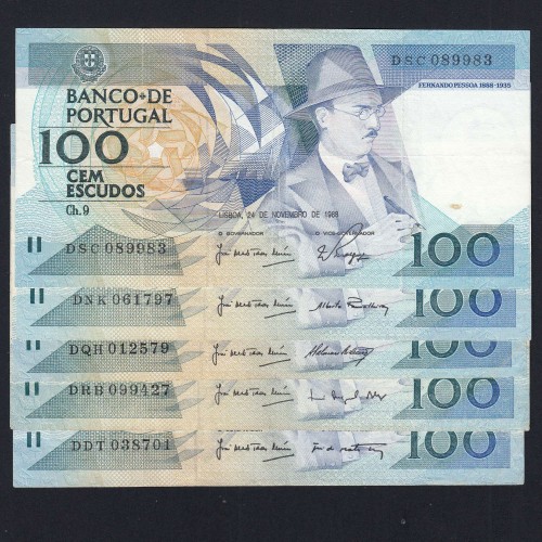 Lote 5 assinaturas 100 Escudos Fernando Pessoa 24/11/1988, 100$00 Cem Escudos Chapa:9 Banco de Portugal, (C), Pick 179f