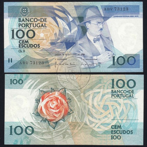 100 Escudos Fernando Pessoa 16.10.1986, One Hundred Escudos 16 october 1986 Plate 9 - Bank of Portugal, (PC), Pick 179a