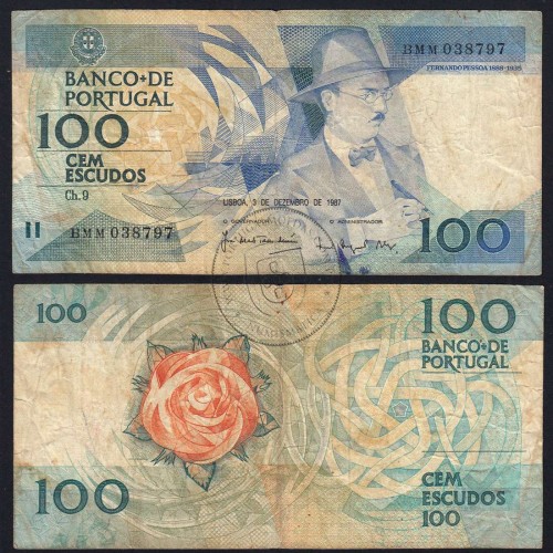 100 Escudos 1987 Fernando Pessoa 03/12/1987, 100$00 Cem Escudos 03/12/1987 Chapa:9 Banco de Portugal, (C), Pick 179d