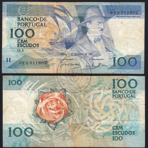 100 Escudos Fernando Pessoa 03.12.1987, One Hundred Escudos 3 december 1987 Plate 9 - Bank of Portugal, (C), Pick 179d