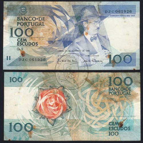 100 Escudos Fernando Pessoa 24.11.1988, One Hundred Escudos 24 November 1988 Plate 9 - Bank of Portugal, (C), Pick 179f